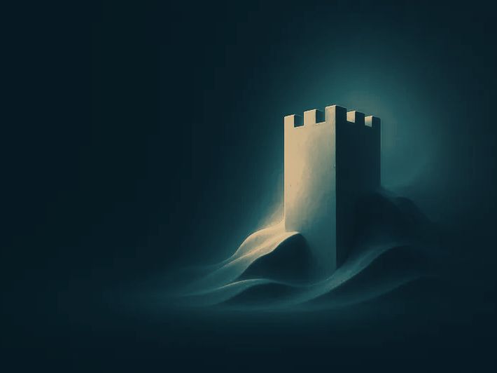 A quiet stone tower standing in mist, representing steadiness and patience
